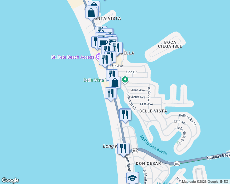 map of restaurants, bars, coffee shops, grocery stores, and more near 4105 Gulf Boulevard in St. Pete Beach