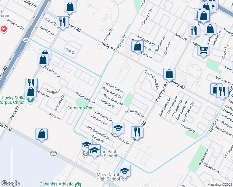 map of restaurants, bars, coffee shops, grocery stores, and more near 2938 River Crest Road in Corpus Christi