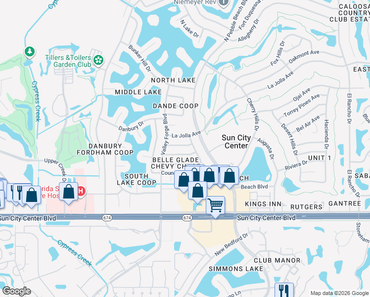 map of restaurants, bars, coffee shops, grocery stores, and more near 1510 Belle Glade Avenue in Sun City Center
