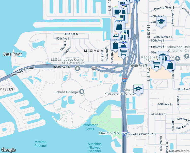 map of restaurants, bars, coffee shops, grocery stores, and more near 3800 54th Avenue South in St. Petersburg