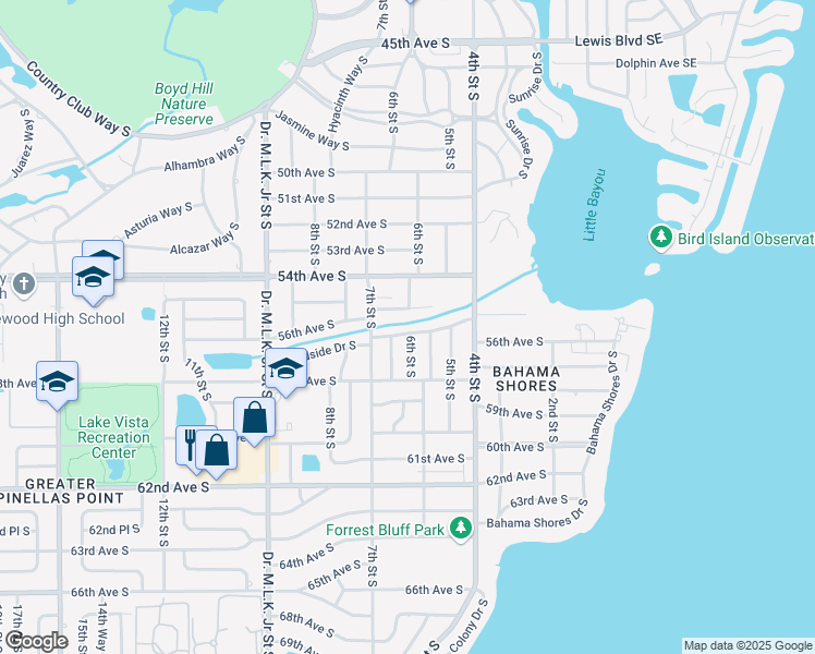 map of restaurants, bars, coffee shops, grocery stores, and more near 601 Hillside Drive South in St. Petersburg