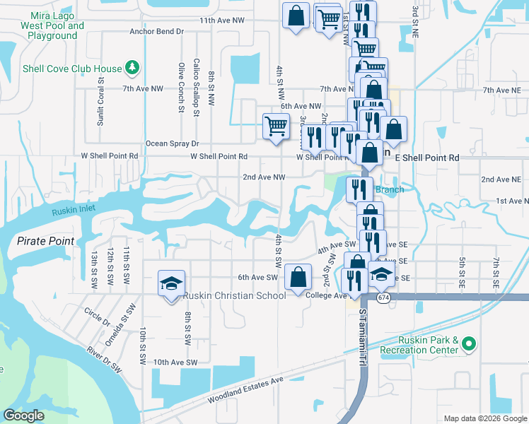 map of restaurants, bars, coffee shops, grocery stores, and more near 405 Inlet Road in Ruskin