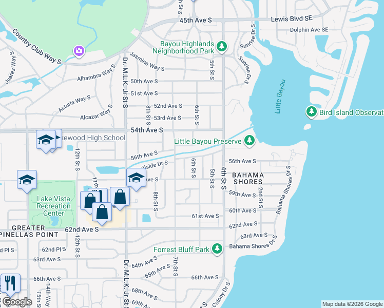 map of restaurants, bars, coffee shops, grocery stores, and more near 601 Hillside Drive South in St. Petersburg