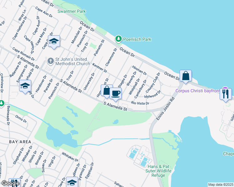 map of restaurants, bars, coffee shops, grocery stores, and more near 437 Stages Drive in Corpus Christi