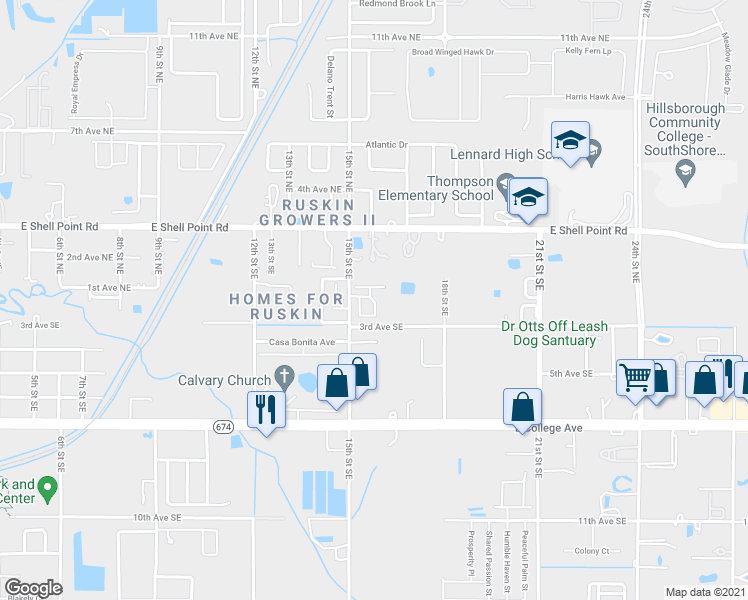 map of restaurants, bars, coffee shops, grocery stores, and more near 1505 Blossom Tree Lane in Ruskin