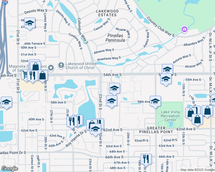 map of restaurants, bars, coffee shops, grocery stores, and more near 2173 55th Avenue South in St. Petersburg