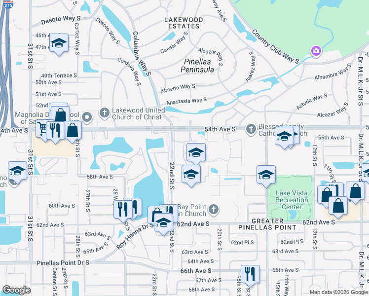 map of restaurants, bars, coffee shops, grocery stores, and more near 5520 21st Way South in Saint Petersburg