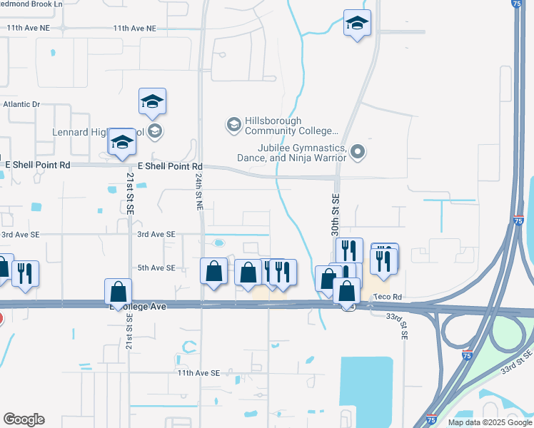 map of restaurants, bars, coffee shops, grocery stores, and more near Shell Point Road East in Ruskin
