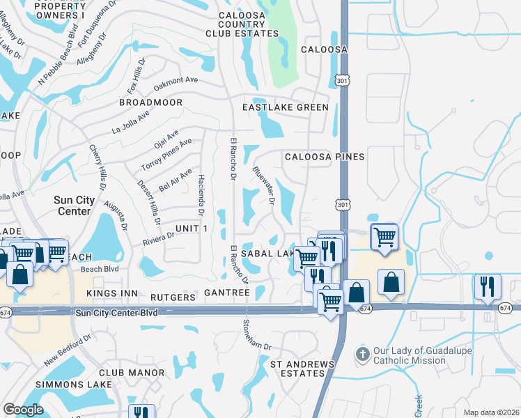 map of restaurants, bars, coffee shops, grocery stores, and more near 101 Silverbell Court in Sun City Center