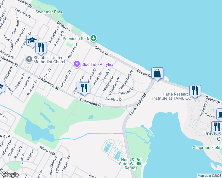 map of restaurants, bars, coffee shops, grocery stores, and more near 341 Whitehall Drive in Corpus Christi