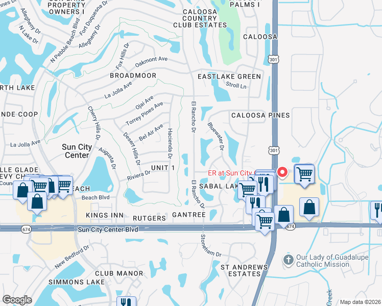 map of restaurants, bars, coffee shops, grocery stores, and more near 1014 El Rancho Drive in Sun City Center