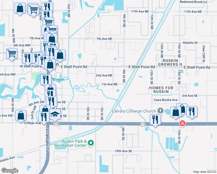 map of restaurants, bars, coffee shops, grocery stores, and more near 89 7th Street Northeast in Ruskin