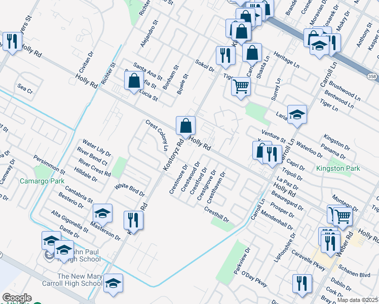 map of restaurants, bars, coffee shops, grocery stores, and more near 5723 Crestmore Drive in Corpus Christi