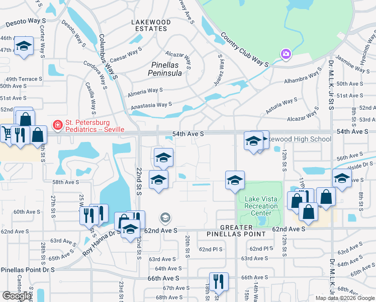 map of restaurants, bars, coffee shops, grocery stores, and more near 1915 55th Avenue South in St. Petersburg