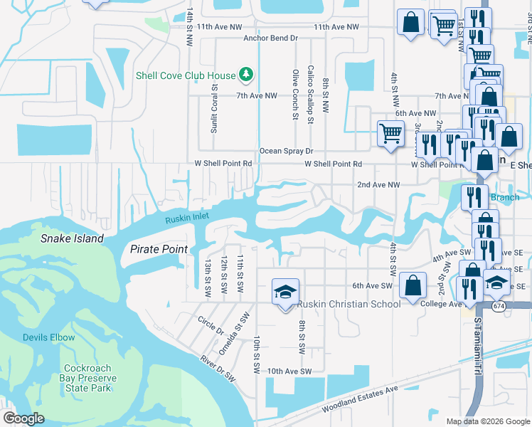 map of restaurants, bars, coffee shops, grocery stores, and more near 827 Blue Heron Boulevard in Ruskin