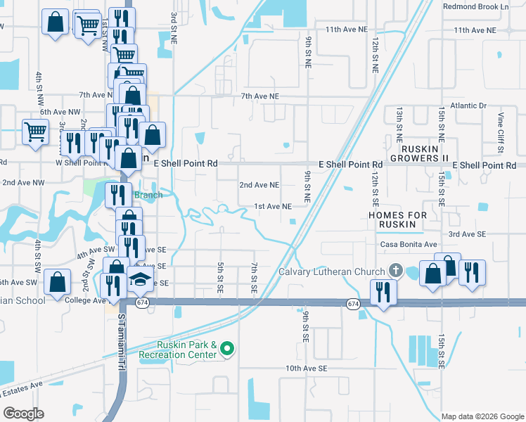 map of restaurants, bars, coffee shops, grocery stores, and more near 95 7th Street Northeast in Ruskin