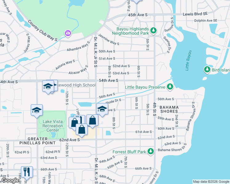 map of restaurants, bars, coffee shops, grocery stores, and more near 772 55th Avenue South in St. Petersburg
