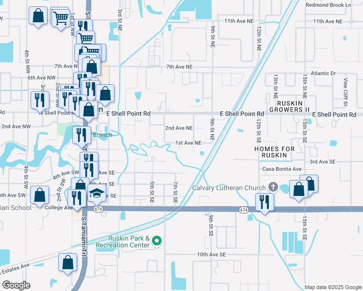 map of restaurants, bars, coffee shops, grocery stores, and more near 95 7th Street Northeast in Ruskin