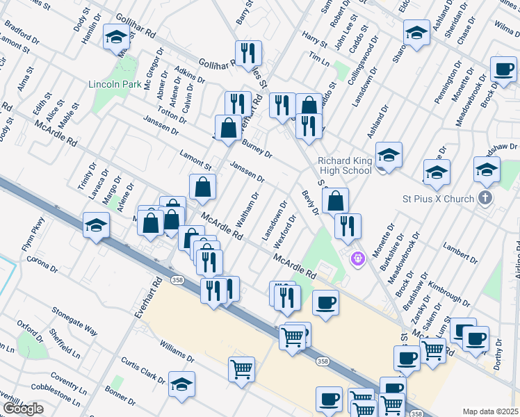 map of restaurants, bars, coffee shops, grocery stores, and more near 4729 Prinston Drive in Corpus Christi