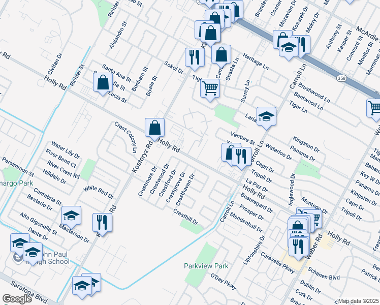 map of restaurants, bars, coffee shops, grocery stores, and more near 3338 Holly Road in Corpus Christi