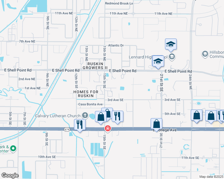 map of restaurants, bars, coffee shops, grocery stores, and more near 1505 Blossom Tree Lane in Ruskin