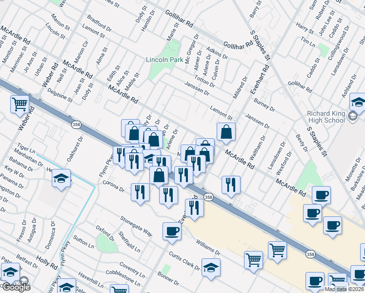 map of restaurants, bars, coffee shops, grocery stores, and more near 4921 Calvin Drive in Corpus Christi