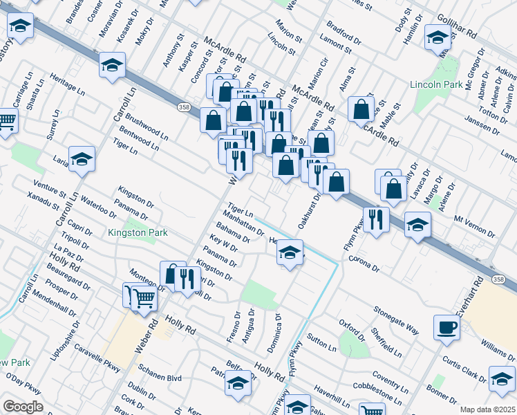 map of restaurants, bars, coffee shops, grocery stores, and more near 4100 Brett Street in Corpus Christi