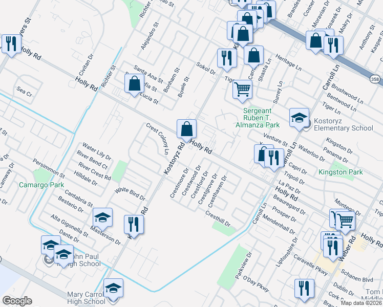 map of restaurants, bars, coffee shops, grocery stores, and more near 5722 Kostoryz Road in Corpus Christi