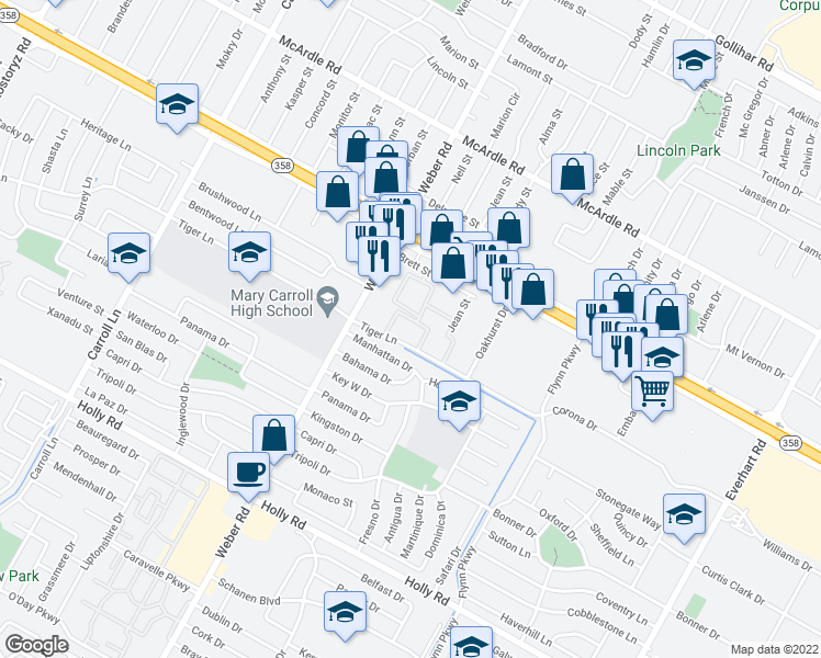 map of restaurants, bars, coffee shops, grocery stores, and more near 4100 Brett Street in Corpus Christi