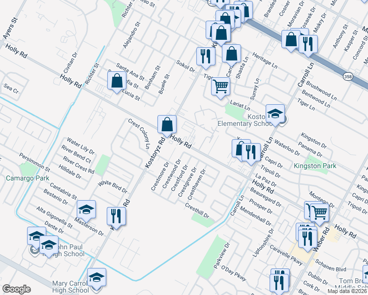 map of restaurants, bars, coffee shops, grocery stores, and more near 3221 Holly Road in Corpus Christi
