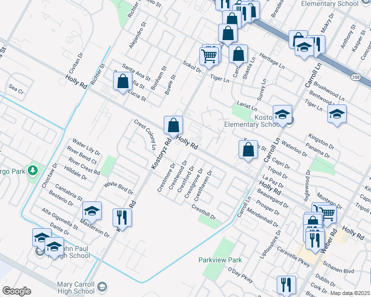map of restaurants, bars, coffee shops, grocery stores, and more near 3221 Holly Road in Corpus Christi