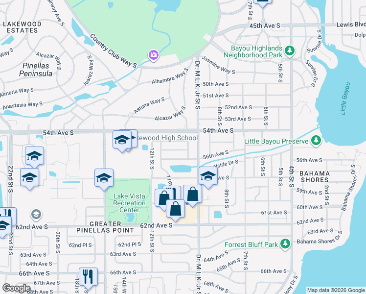 map of restaurants, bars, coffee shops, grocery stores, and more near 1013 55th Terrace South in St. Petersburg