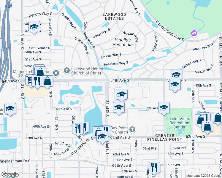 map of restaurants, bars, coffee shops, grocery stores, and more near 2173 55th Avenue South in St. Petersburg