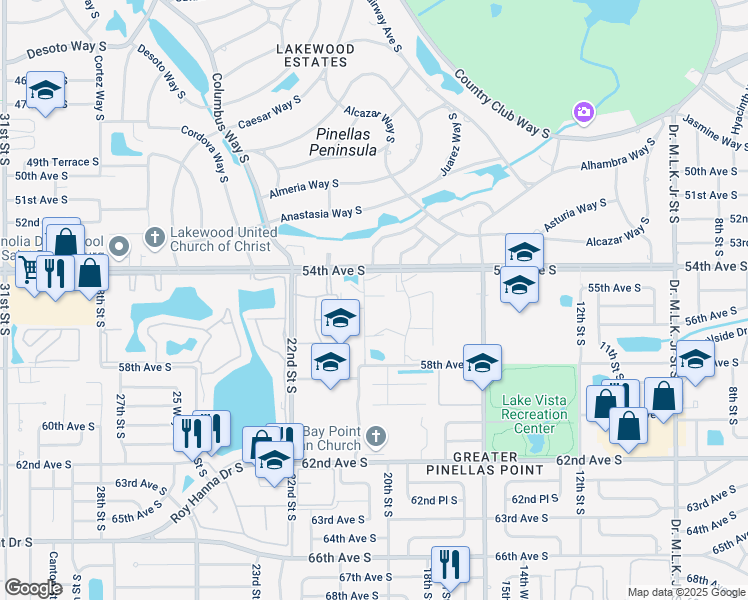 map of restaurants, bars, coffee shops, grocery stores, and more near 1915 55th Avenue South in St. Petersburg