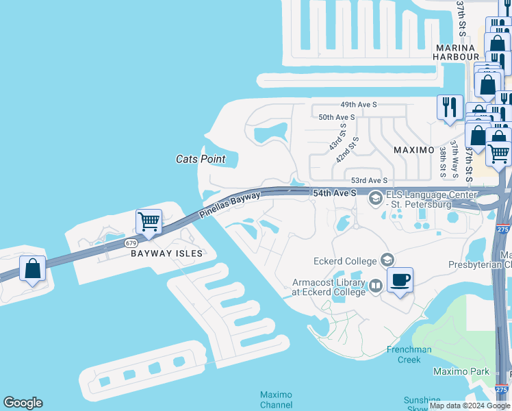 map of restaurants, bars, coffee shops, grocery stores, and more near 4600-4650 Harbor Way N in St Petersburg