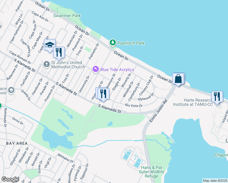 map of restaurants, bars, coffee shops, grocery stores, and more near 421 Stages Drive in Corpus Christi