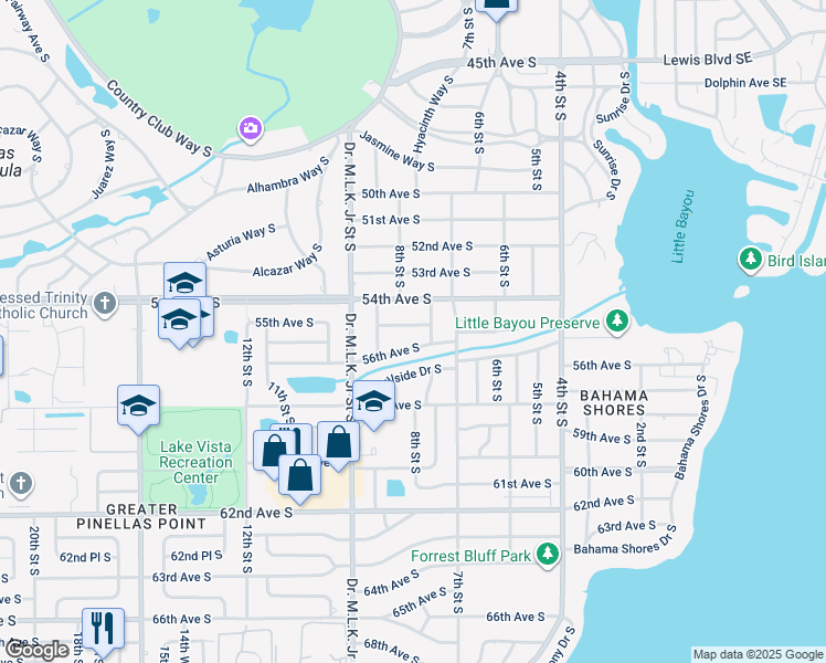 map of restaurants, bars, coffee shops, grocery stores, and more near 772 55th Avenue South in St. Petersburg