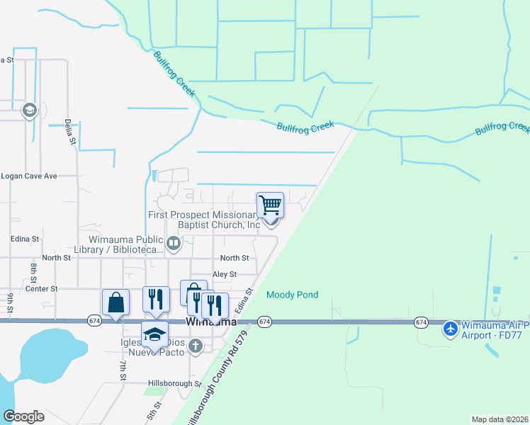 map of restaurants, bars, coffee shops, grocery stores, and more near 6017 Bassa Street in Wimauma