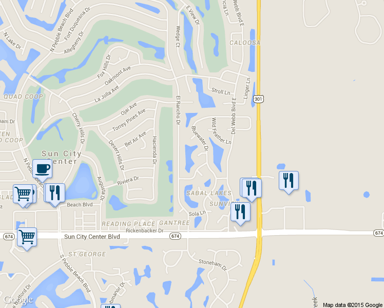 map of restaurants, bars, coffee shops, grocery stores, and more near 101 Silverbell Ct in Sun City Center