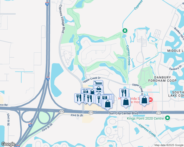 map of restaurants, bars, coffee shops, grocery stores, and more near 3726 Maxwell Park Drive in Sun City Center