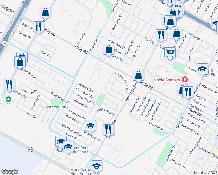 map of restaurants, bars, coffee shops, grocery stores, and more near 5817 Crest Pebble Drive in Corpus Christi