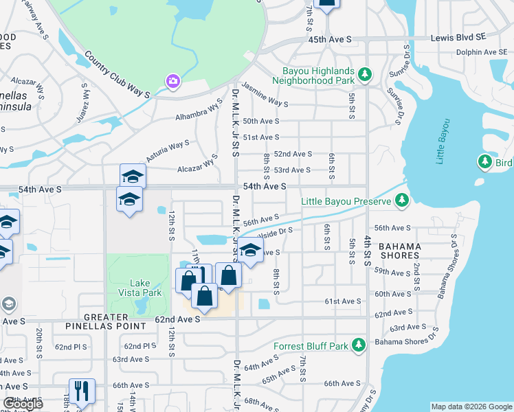 map of restaurants, bars, coffee shops, grocery stores, and more near 5499 Highland Street South in St. Petersburg