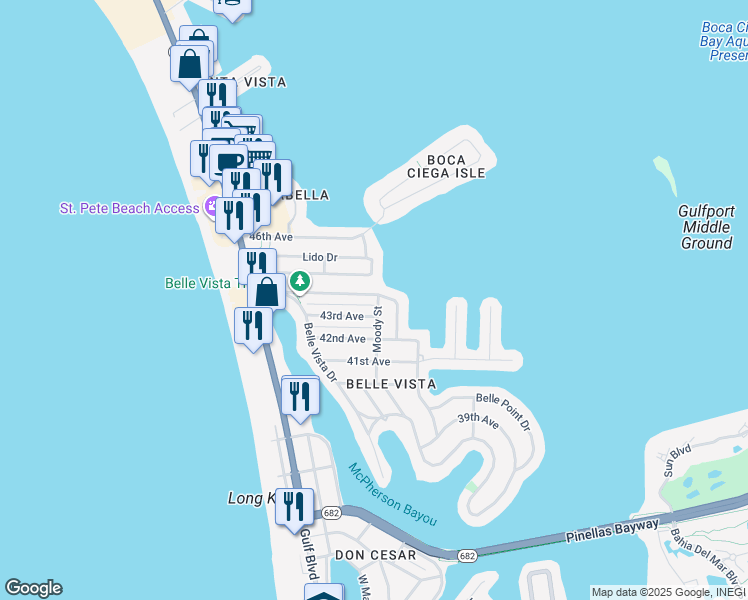 map of restaurants, bars, coffee shops, grocery stores, and more near 281 44th Avenue in St. Pete Beach
