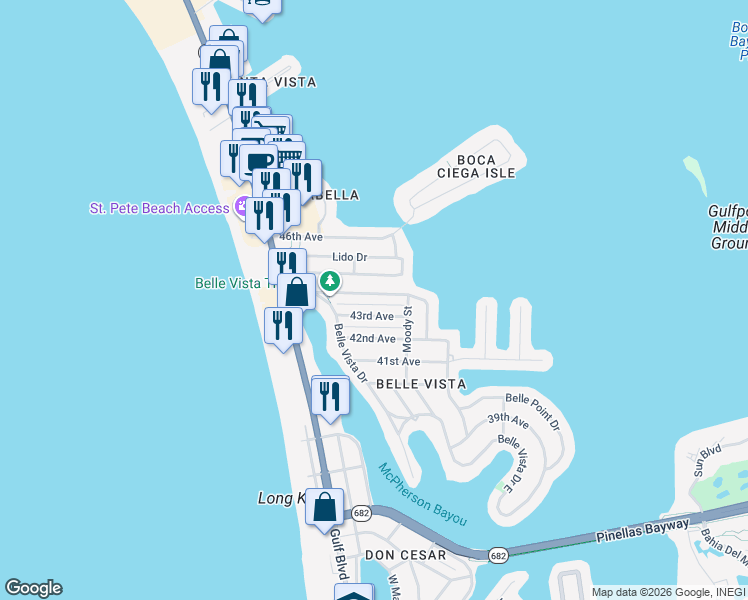 map of restaurants, bars, coffee shops, grocery stores, and more near 229 44th Avenue in St. Pete Beach