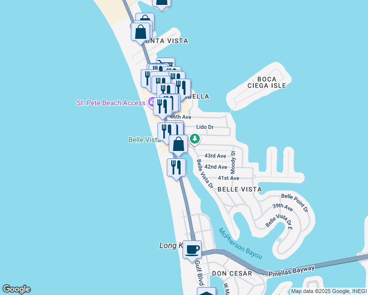 map of restaurants, bars, coffee shops, grocery stores, and more near 33 44th Avenue in St. Pete Beach