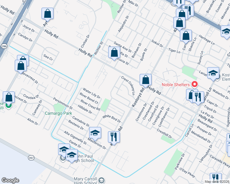 map of restaurants, bars, coffee shops, grocery stores, and more near 5817 Crest Pebble Drive in Corpus Christi