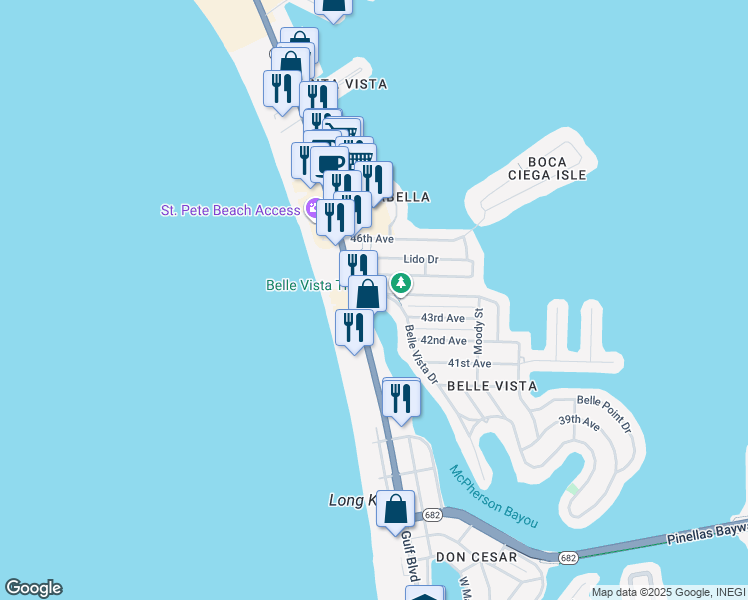 map of restaurants, bars, coffee shops, grocery stores, and more near 33 44th Avenue in St. Pete Beach