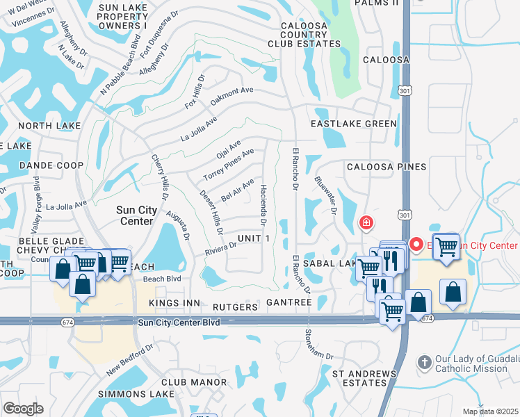 map of restaurants, bars, coffee shops, grocery stores, and more near 1204 Hacienda Drive in Sun City Center