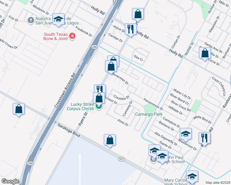 map of restaurants, bars, coffee shops, grocery stores, and more near 2513 Cresterrace Drive in Corpus Christi