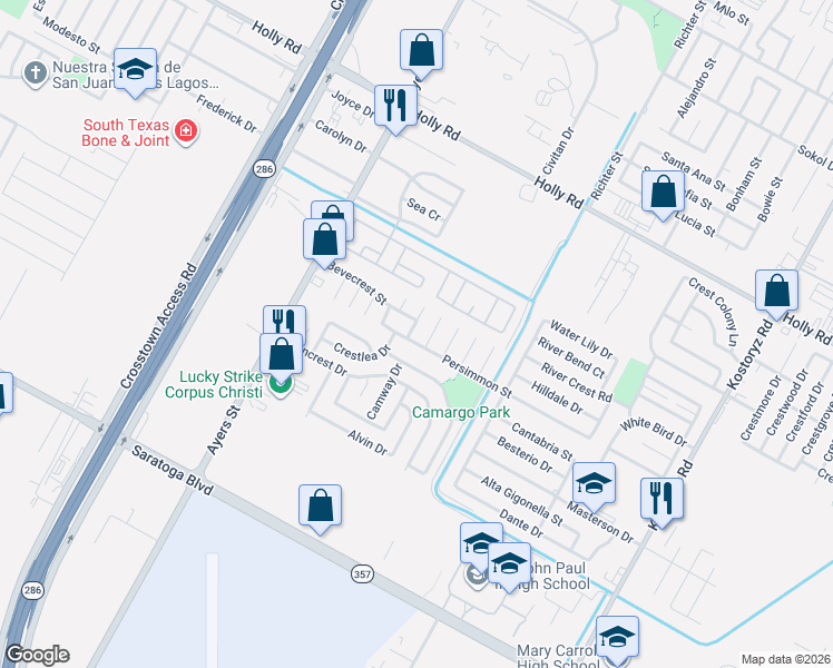 map of restaurants, bars, coffee shops, grocery stores, and more near 6030 Beardmore Drive in Corpus Christi